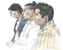  ?? (Croquis d’audience Rémi Kerfridin) ?? Céline Masson, Safy Kraiba et Rémy Braida plaidaient tous l’acquitteme­nt.