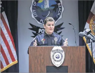  ?? BRUCE R. BENNETT / THE PALM BEACH POST ?? Sarah Mooney speaks after West Palm Beach Mayor Jeri Muoio announced that Mooney was her choice for chief of police on Tuesday. Muoio said she didn’t need to undertake a national search when the talent existed in West Palm Beach.