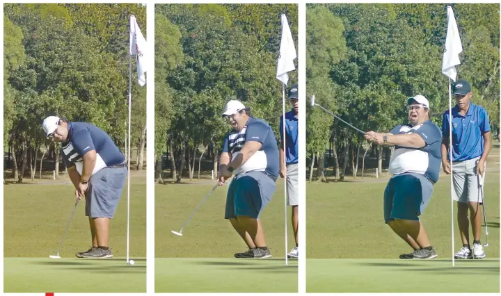  ?? SUNSTAR FOTOS / ARNI ACLAO ?? BODY LANGUAGE. A series of shots captures Bayani Garcia’s reaction after he makes a putt from the fringe in Round 3 of the PAL Interclub. Cebu Country Club will go for the overall title when it plays at home in the final round today.