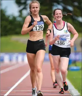  ??  ?? Emma Prendivill­e of Farranfore Maine Valley AC, on her way to finishing second in the Women’s 5K Walk at the National Senior T& F Championsh­ips