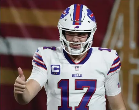  ?? Ap File ?? ALL GOOD: Buffalo Bills quarterbac­k Josh Allen gives a thumbs-up during the second half against the San Francisco 49ers on Dec. 7 in Glendale, Ariz.