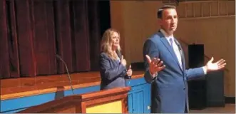  ?? EVAN BRANDT — DIGITAL FIRST MEDIA ?? U.S. Rep. Ryan Costello, R-6th Dist., answers questions at an Aug. 7, 2017, town hall meeting at Pottstown High School.