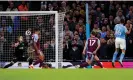  ?? ?? Manchester City’s Rodri smashes the ball past the Aston Villa goalkeeper Robin Olsen to open the scoring. Photograph: Martin Rickett/PA