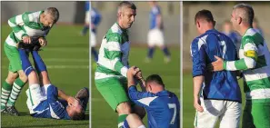  ??  ?? A moment of Sportsmans­hip: Killarney Celtic defender, Brian Spillane goes to the aid of Castleisla­nd AFC attacker, Stephen McCarthy and gets him up and running late in the second half of their drawn Greyhound Bar KO Cup final at Mounthawk Park on...