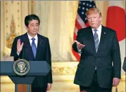  ?? JOE RAEDLE / AGENCE FRANCE-PRESSE ?? Japanese Prime Minister Shinzo Abe attends a news conference with US President Donald Trump on Wednesday in Palm Beach, Florida.