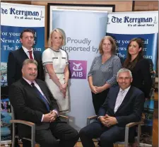  ??  ?? Seated; Sean Healy, Head of Banking Kerry and Stephen Stack of AIB, Sponsors of the Kerryman 2018 Business awards. Back Lto R Kevin Hughes Kerryman Editor, Mary Rose Cantillon and Margaret Griffin of AIB and Geraldine Brosnan, Kerryman Sales Executive.