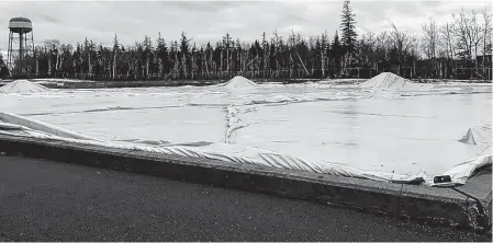  ?? JEREMY FRASER • CAPE BRETON POST ?? The deflated Cape Breton Health Recreation Complex Dome earlier this week. With no programs taking place due to the COVID-19 pandemic, the dome has been out of operation since the fall. There is no timeline as to when it will resume operation.