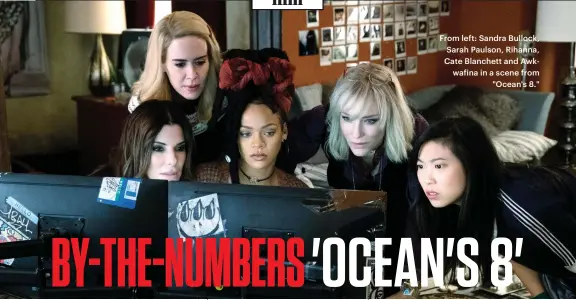  ??  ?? From left: Sandra Bullock, Sarah Paulson, Rihanna, Cate Blanchett and Awkwafina in a scene from "Ocean's 8."