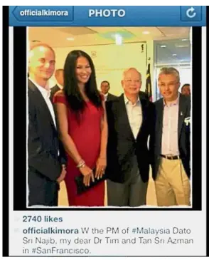  ??  ?? Famous company: A screenshot taken from Leissner’s designer wife Kimora Lee’s Instagram account showing (from left) Leissner, Kimora, former prime minister Datuk Seri Najib Tun Razak and Khazanah managing director Tan Sri Azman Mokhtar in 2013.