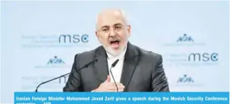 ??  ?? Iranian Foreign Minister Mohammad Javad Zarif gives a speech during the Munich Security Conference yesterday. — AFP