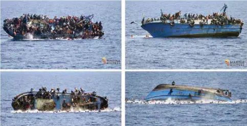  ??  ?? In this four-picture combo a boat overturns as people try to jump in the water off the Libyan coast. The Italian navy says it recovered a few bodies from the overturned migrant ship, while some 500 migrants who were on board were rescued safely. — AP