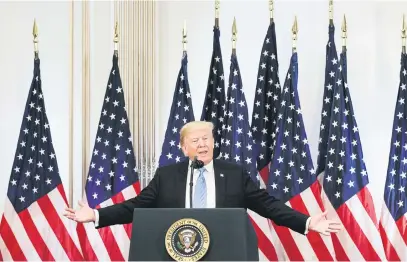  ?? Picture: EPA-EFE ?? MODESTY BE DAMNED. US President Donald Trump talks to reporters at the New York Lotte hotel this week, on the sidelines of the general debate of the United Nations General Assembly.