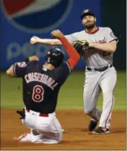  ?? RON SCHWANE—ASSOCIATED PRESS ?? The Nationals’ Daniel Murphy (20) throws to first after forcing out Lonnie Chisenhall (8) at second base during the seventh inning on July 26 in Cleveland.