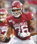  ?? Associated Press ?? Blocking: Arkansas offensive lineman Myron Cunningham sets up to block against San Jose State during their game Saturday, Sept. 21, 2019, in Fayettevil­le.