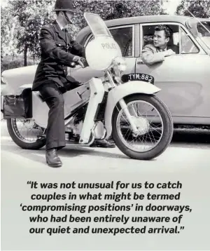  ??  ?? “Driver's licence please sir.” Early Mk1 with three-speed hand change. This 1958 publicity shot was taken to show that motorcycle-mounted Bobbies were still in close touch with the public