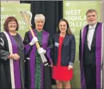  ??  ?? Guest speaker, Kate Forbes MSP (in red) with Principal Lydia Rhomer, Mace bearer Myra McCabe and Vice Chancellor Crichton Lang.