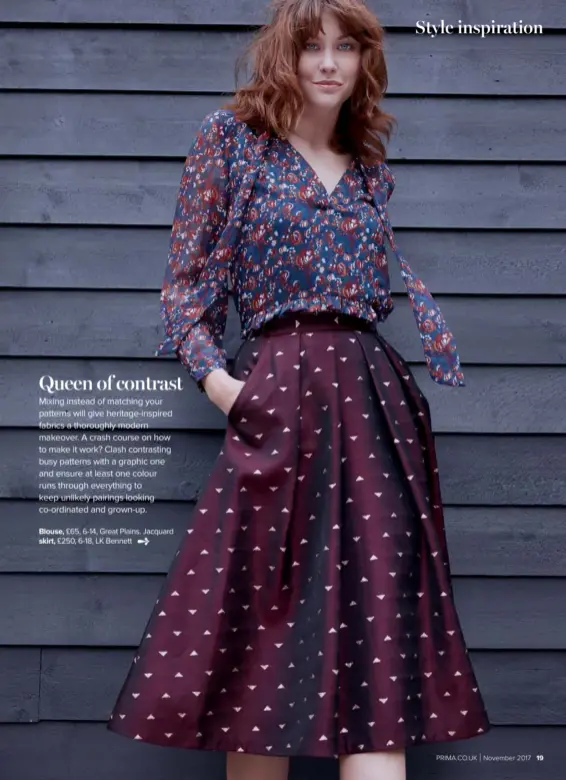  ??  ?? Blouse, £65, 6-14, Great Plains. Jacquard skirt, £250, 6-18, LK Bennett