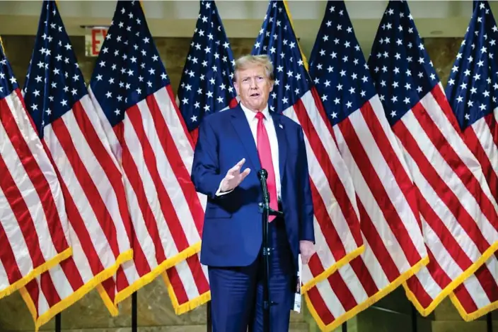  ?? Photograph: Spencer Platt/Getty Images ?? Donald Trump speaks at one of his properties following closing arguments in his civil fraud trial in New York. ‘I am an innocent man,’ he told the judge.