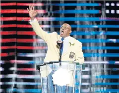  ?? AFP ?? Floyd Little speaks during the 2010 Pro Football Hall of Fame Enshrineme­nt Ceremony in Canton, Ohio.