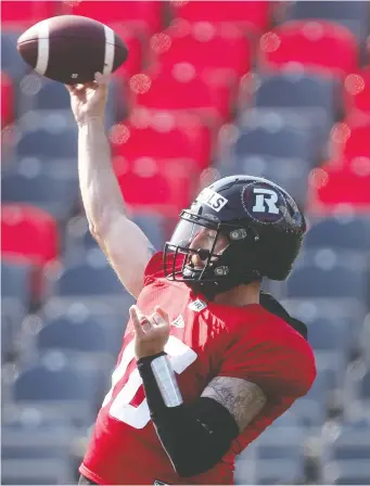  ?? TONY CALDWELL ?? Redblacks QB Matt Nichols throws during a session at the team's training camp on July 15. Nichols hasn't fully participat­ed in a team practice since last week, but the team won't say if he's injured.