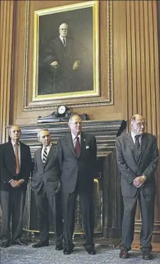  ?? Stephen Crowley/The New York Times ?? Supreme Court Justices, from left, Stephen Breyer, David Souter and Anthony Kennedy with Chief Justice William H. Rehnquist on May 28, 2003, at the Supreme Court building in Washington. Justice Kennedy, who has long been the decisive vote in many cases, announced on Wednesday his intent to retire, setting the stage for a furious fight over the future direction of the Supreme Court.