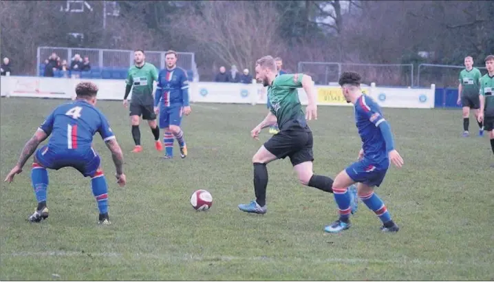  ??  ?? Above, Rob Stevenson scored the only goal – a rare header – in Leek Town’s draw at Chasetown. Below, from left, Stevenson celebrates his goal, Dan Trickett-smith on the ball for the Blues, Jack Sanders rises high.