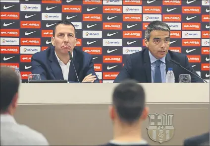  ?? FOTO: PEP MORATA ?? Nacho Rodríguez y Albert Soler, durante la rueda de prensa que tuvo lugar ayer en el Palau Blaugrana