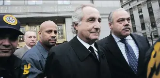  ?? HIROKO MASUIKE/GETTY IMAGES ?? Bernard Madoff, centre, is serving a 150-year prison term for defrauding investors in a US$19-billion Ponzi scheme. Madoff’s victims received US$12 billion so far for lost principal.