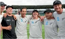  ??  ?? Black Caps Brent Arnel, Doug Bracewell, Ross Taylor, BJ Watling, Brendon McCullum and Martin Guptill celebrate their 2011 test victory over Australia in Hobart.