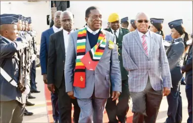  ??  ?? President Mnangagwa arrives at Waterkloof Airforce Base in Pretoria yesterday for the BRICS Africa outreach programme in Johannesbu­rg, South Africa. The summit seeks to foster inclusive growth among the world’s five major emerging economies and Africa. -Picture courtesy of Prime View TV