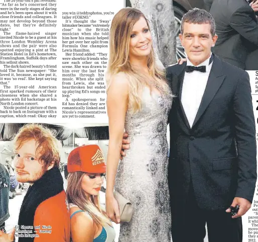  ??  ?? Ed Sheeran and Nicole Scherzinge­r. — Courtesy Nicole Instagram.
Spanish actor and director Antonio Banderas signs an autograph on a car next to his girlfriend Nicole Kimpel after their arrival at the Starlite Charity Gala in Marbella, near Malaga,...