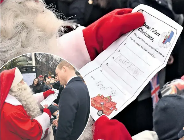  ??  ?? Prince George, right, asked his father, the Duke of Cambridge, to hand-deliver his letter to Father Christmas, above, on a visit to Finland. It included just one request – a police car – and confirmed he had been well behaved