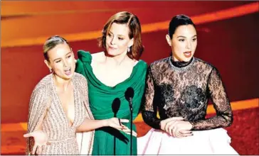  ?? GETTY IMAGES/AFP ?? Brie Larson, Sigourney Weaver, and Gal Gadot speak onstage during the 92nd Annual Academy Awards at Dolby Theatre on Sunday in Hollywood, California.