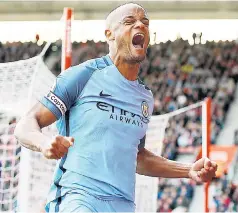  ??  ?? Sheer delight: Vincent Kompany celebrates his first goal since August 2015
