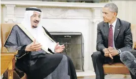  ?? OLIVIER DOULIERY/GETTY IMAGES ?? Saudi Arabia’s new monarch King Salman and U.S. President Barack Obama meet for the first time on Friday in the Oval Office of the White House.