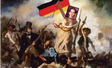 ?? Fotomontag­e nach Delacroix: akg, ws ?? Eine deutsche Jeanne d’Arc? Jedenfalls führte Emma Herwegh die Revoluzzer von 1848 mit auf die Barrikaden!