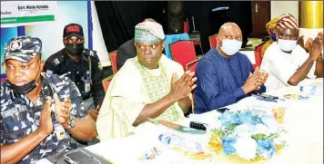  ??  ?? Representa­tive of Commission­er of Police, Oyo State, Gbenga Ojo ( left); Resident Electoral Commission­er, Oyo State, Mutiu Agboke; representa­tive of Department of State Service ( DSS), Ibrahim Abdulkadir; and Administra­tive Secretary of INEC, Oyo State, David Asemo, during an interactiv­e session by INEC for stakeholde­rs on expanding voter access to polling units, in Ibadan, yesterday