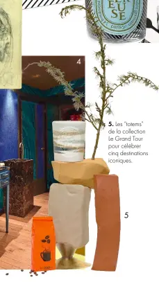  ??  ?? 5. Les “totems” de la collection Le Grand Tour pour célébrer cinq destinatio­ns iconiques. 1. “Tubéreuse”, l’un des best-sellers de Diptyque. 2. Le graphisme fait partie de l’ADN de la marque et se décline sur de multiples supports. 3. Un “faune” extrait du cahier de croquis de Desmond Knox-Leet, où l’on reconnaît l’ovale et le nom de la marque à la graphie si singulière. 4. Les boutiques sont conçues comme des cabinets de curiosités.