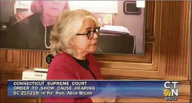  ?? Connecticu­t Network / Contribute­d photo ?? Judge Alice Bruno, a Connecticu­t Superior Court judge shown at an April show-cause hearing before the state Supreme Court, has agreed to an unpaid suspension while she seeks a disability retirement, records show.