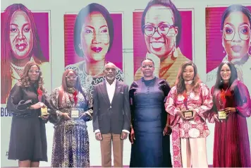  ?? ?? Pastor Mary Kristilere ( left); Adebola Agunbiade; MD/ CEO Wema Bank, Moruf Oseni; Chairman, Wema Bank, Dr Oluwayemis­i Olorunshol­a; Debola Deji- Kurumi and Adesunmbo Adeoye at the award presentati­on during the Wema Bank IWD 2024 celebratio­n in Lagos