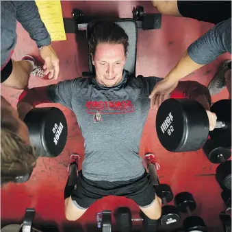  ?? ERROL MCGIHON ?? Ottawa Senators defenceman Thomas Chabot, who spoke glowingly of former teammate Erik Karlsson, performs a fitness test at the Canadian Tire Centre on Thursday, the first day of training camp.