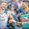  ?? AP PHOTO/TIM IRELAND ?? South Africa’s Wayde Van Niekerk and Britain’s Daniel Talbot, left, smile as they cross the finish line in their Men’s 200 meters heat at the World Athletics Championsh­ips Monday in London.