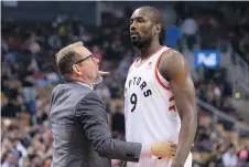  ?? CHRIS YOUNG/THE CANADIAN PRESS ?? Raptors coach Nick Nurse could use Serge Ibaka as a starter or coming off the bench, but based on pre-season action, the big man will see more time at centre than he did last season.