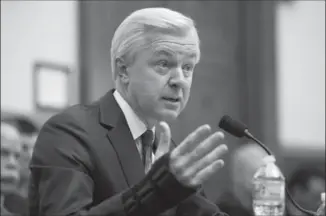  ?? CLIFF OWEN, THE ASSOCIATED PRESS ?? Wells Fargo CEO John Stumpf was back on the defensive while testifying before the U.S. House Financial Services Committee in Washington Thursday, where angry lawmakers grilled him on its sales practices.