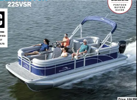  ??  ?? Price: $34,992
SPECS: LOA: 22'11" BEAM: 8'6" DRAFT: 2'7" DRY WEIGHT: 2,928 lb. SEAT/WEIGHT CAPACITY: 12/1,730 lb. FUEL CAPACITY: 32 gal.
HOW WE TESTED: ENGINE: Mercury 115 FourStroke DRIVE/PROP: Outboard/Mercury Spitfire 13.8" x 13" 4-blade aluminum GEAR RATIO: 2.07:1 FUEL LOAD: 25 gal. CREW WEIGHT: 190 lb.