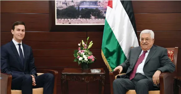  ??  ?? PALESTINIA­N AUTHORITY President Abbas meets with White House senior advisor Jared Kushner in Ramallah earlier this year.