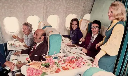  ??  ?? Inflight service on board Air New Zealand flights in the 1960s was a glamorous affair, with three-course meals served on bespoke Crown Lynn dinnerware. First-class passengers had whole crayfish delivered to their seats.