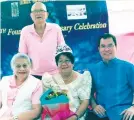  ?? ?? MOVERS.
Seated, Madam Socorro Valencia, queen Geronima Gumapac (with bouquet), and Fr. Manuel Tan. Standing, Catholic Volunteers for Charity Movement president Joe Recio.