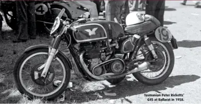  ??  ?? Tasmanian Peter Ricketts’ G45 at Ballarat in 1958. LEFT (TOP TO BOTTOM) George Colley at Mount Druitt on the ex-Keith Stewart G45; Bob Brown on the cobbleston­es at Sachsenrin­g, 1955; Derek Farrant heads for victory in the 1952 Senior Manx GP. The machine is the factory prototype, fitted with 21-inch front and 20-inch rear wheels. Ron Robinson at Symmons Plains in 1960 on the G45 originally imported by Markwells in Brisbane.