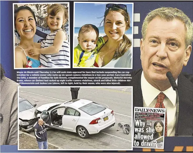  ??  ?? Mayor de Blasio said Thursday (r.) he will seek state approval for laws that include suspending the car registrati­on for a vehicle owner who racks up six speed-camera violations in a two-year period. Cara Cancelmo (far left), a member of Families for...